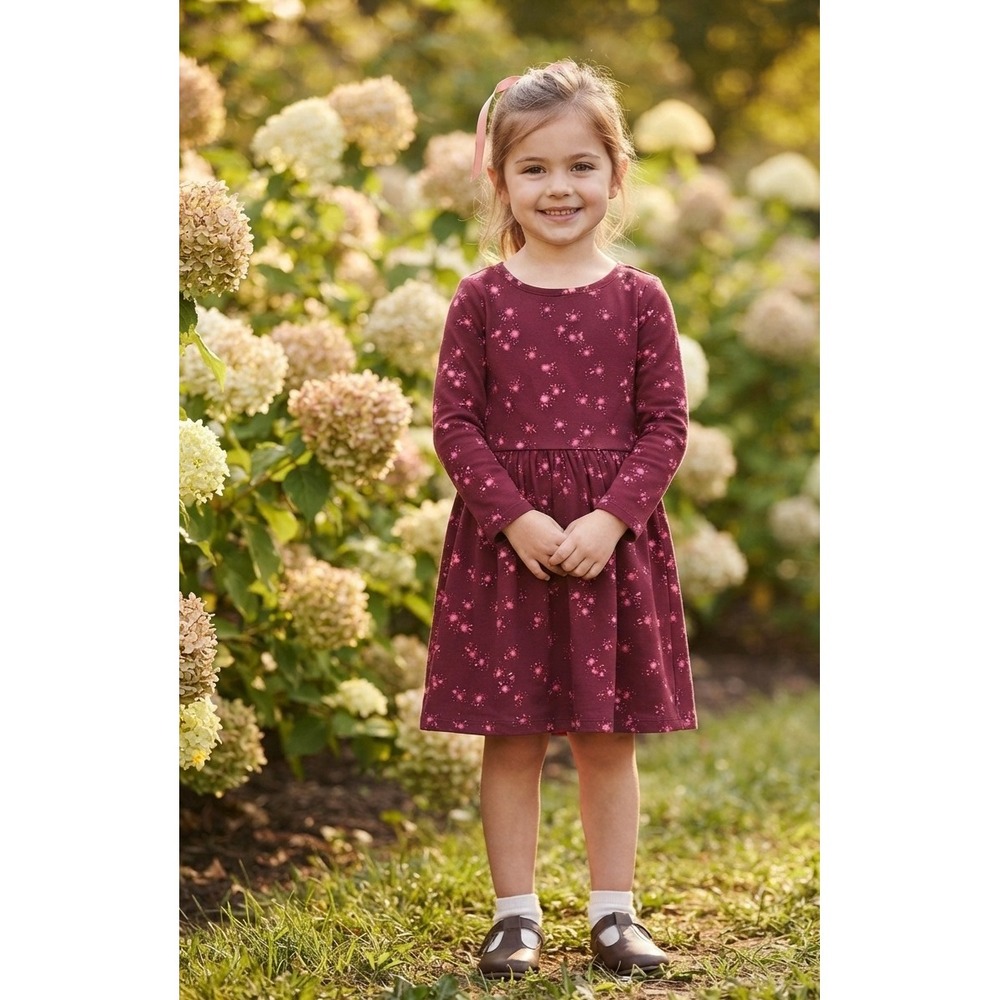 Cat & Jack Girls Burgundy Floral Long Sleeve Dress Size S 6/6X Maroon Pink